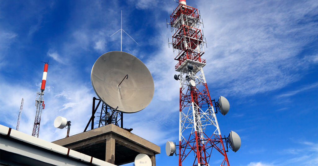 Communications towers and satellite dishes